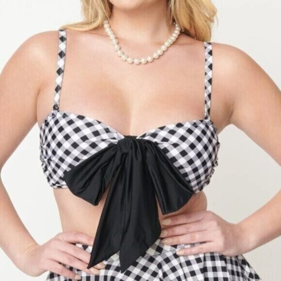 Unique Vintage Gingham Bow Rialto Bikini Top 1X NEW Black White Retro Pin Up 50s - Picture 1 of 6